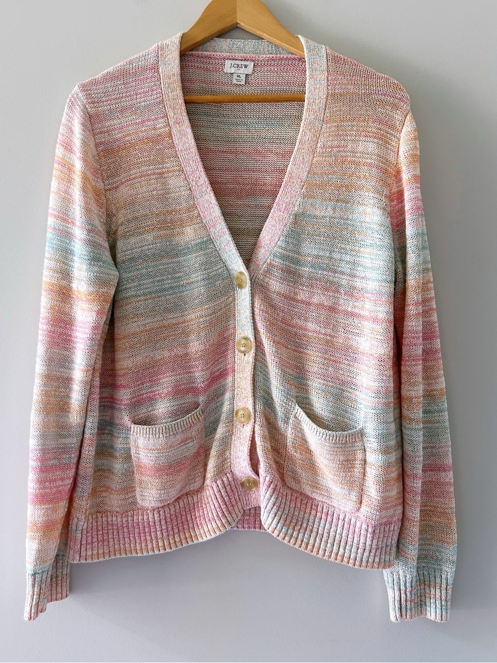 J. Crew Pastel Knit Rainbow Cardigan Women's XL Multicolor Cotton V Neck
